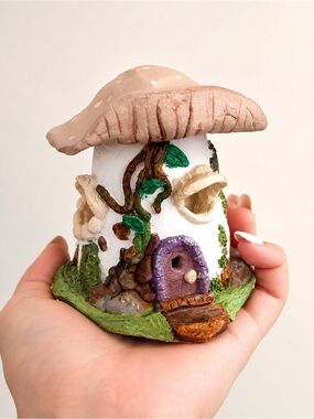 Handcrafted Pink Mushroom House Sculpture - White & Purple Fairy Home